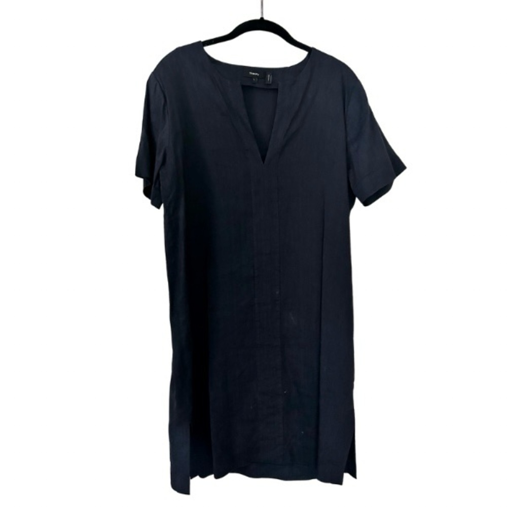 Theory Navy Blue Split V-Neck Short Sleeve Linen Dress, Large - Picture 2 of 7